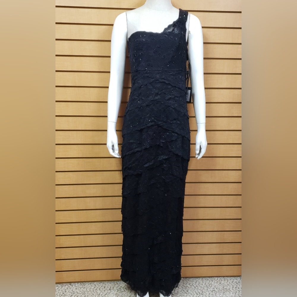 Marina One Sleeve Black Lace Maxi Dress 16 Beaded Formal Gown NWT